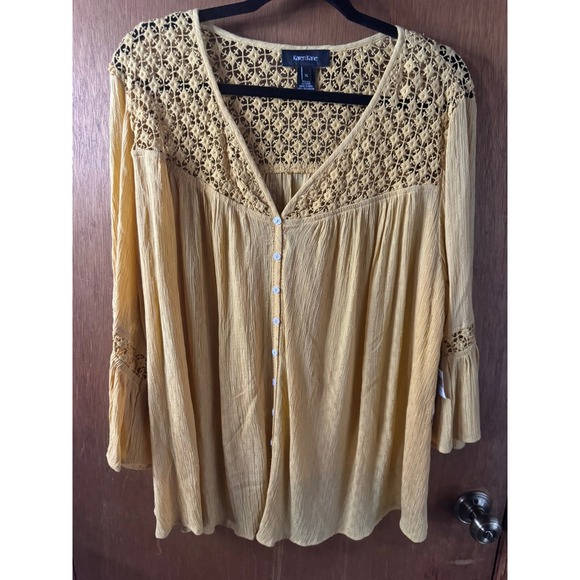 Karen Kane Tops - Karen Kane Amalfi Coast Yellow Crochet Lace Yoke Bell Sleeve Blouse XL New